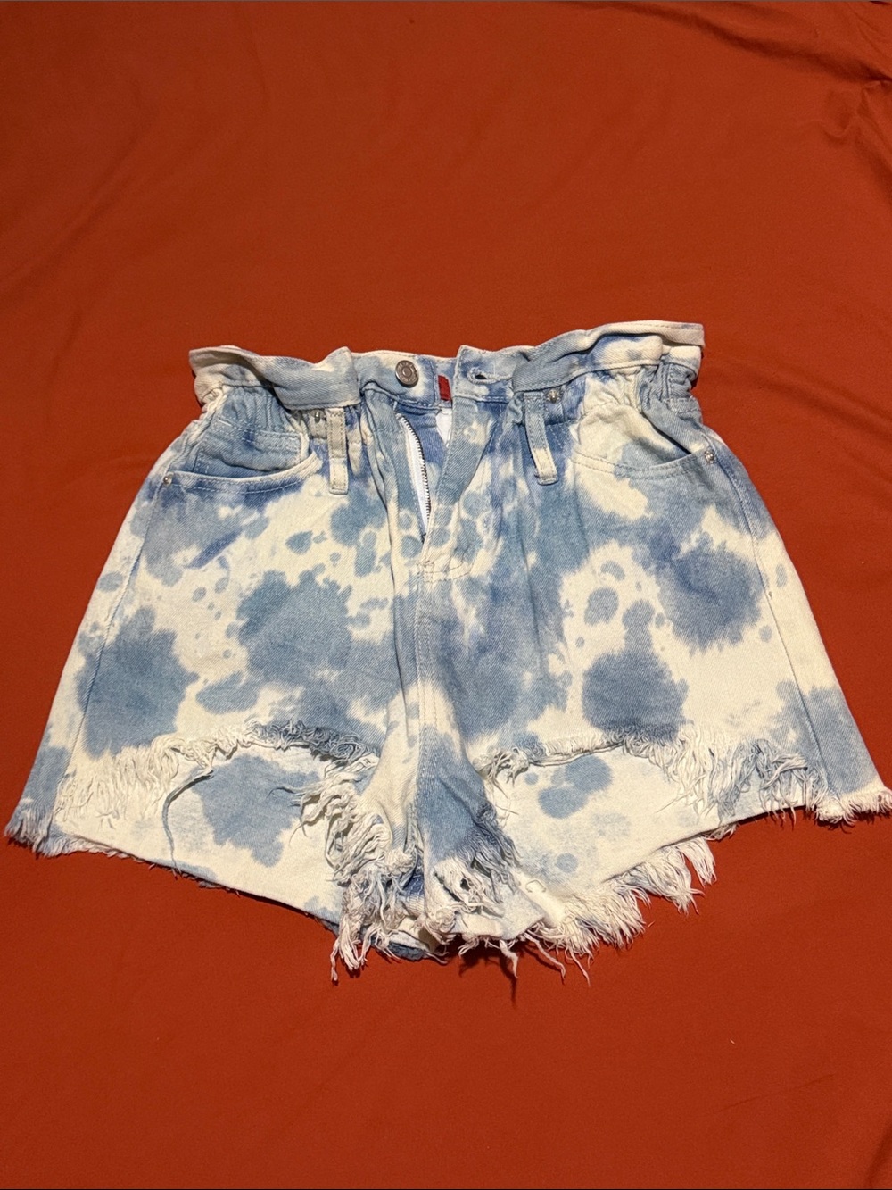 Signature8 Blue and White Tie-Dye High-Waist Distressed Jean Shorts
